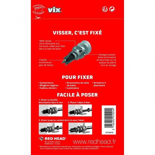 Lot de 50 chevilles et vis à visser vix VXTRDP50 RED HEAD