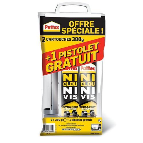 Colle Fixation PATTEX Ni Clou Ni Vis Extra Fort & Rapide 2x380g +?1 Pistolet