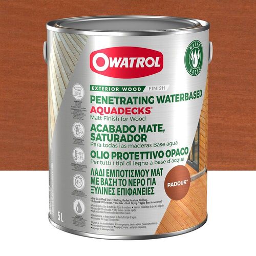 OWATROL AQUADECKS Saturateur Mat à l'Eau pour Protection Bois Exotiques Extérieurs Teck Ipé Bangkiraï Acacia Maçaranduba Padouk 5L
