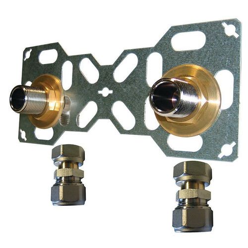 FIXSYSTEM double : kit complet de fixation d'un robinet mural entraxe 150 mm Coudes d'alimentation à compression sur tube multicouche NOYON & THIEBAULT - Ø 16 mm, sortie mâle 3/4' (20x27) - 3335-16PL1