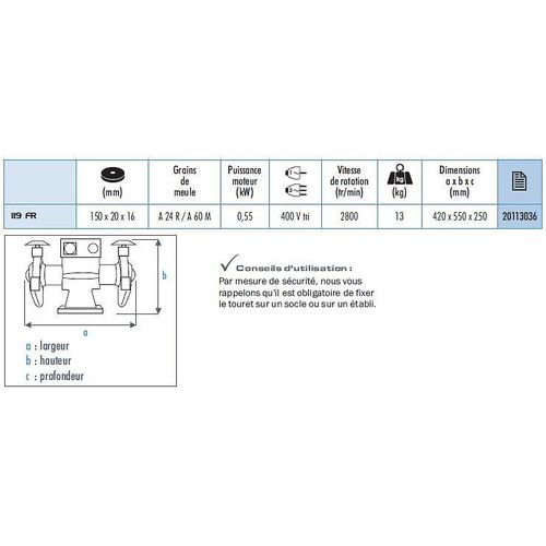 Sidamo - Touret A Meuler 119 Fr M-M/D.150 /400v Tri Avec Frein