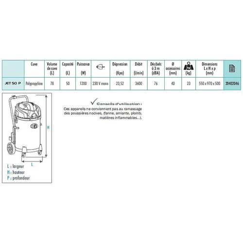 Sidamo - Aspirateur Pro Eau Et Poussières Cuve Polypropylène 78l 1200w + Accessoires - Jet 50 P