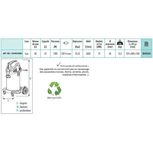 Sidamo - Aspirateur avec prise 230 V asservie 38L 1200W - JET 30 i SYNCHRO