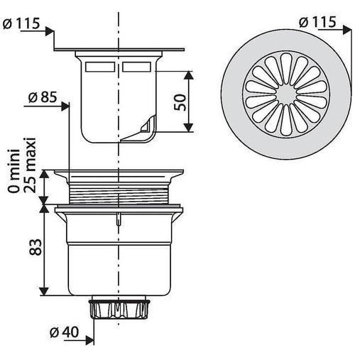 Bonde à grille pour orifice Ø 90 mm - Verticale