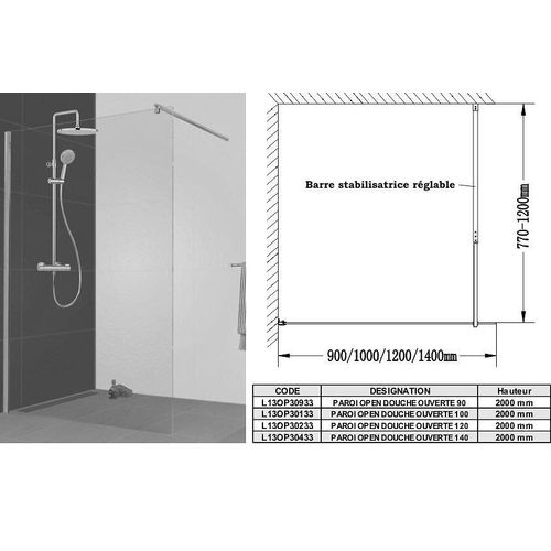 Leda - Paroi Open 2 Avec Barre De Stabilisation 88 À 90 Cm
