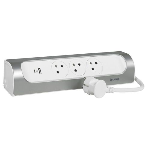 Multiprise 3 prises 2 p?les+terre + 1 x USB-A + 1 x USB-C Legrand blanc et aluminium 1 m