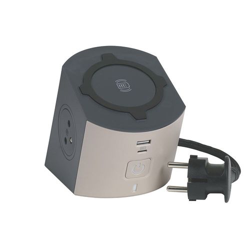 Multiprise 2 prises 2 p?les+terre + 2 chargeurs induction Qi USB-A et C Legrand Taupe et gris 2 m
