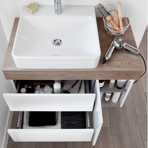 Jacob Delafon 1560 Salle De Bain + Vasque A Poser A Droite - Décor Chene Et Blanc - L 103cm - Sully