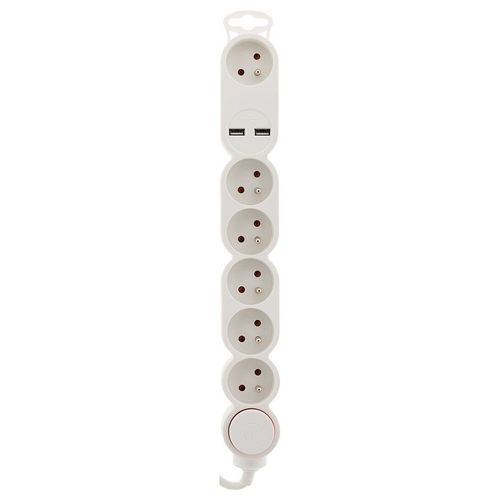 Bloc 6x16A + inter blanc câble HO5VVF 3G1 1,5m + 2xUSB 2,1 Aéquipé d'une fiche extraplate