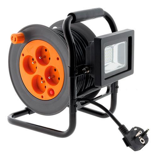 Enrouleur ?lectrique 4 prises 16A 2P+T avec projecteur LED 10W - c?ble HO5VV-F 3G1 15m avec guide c?ble