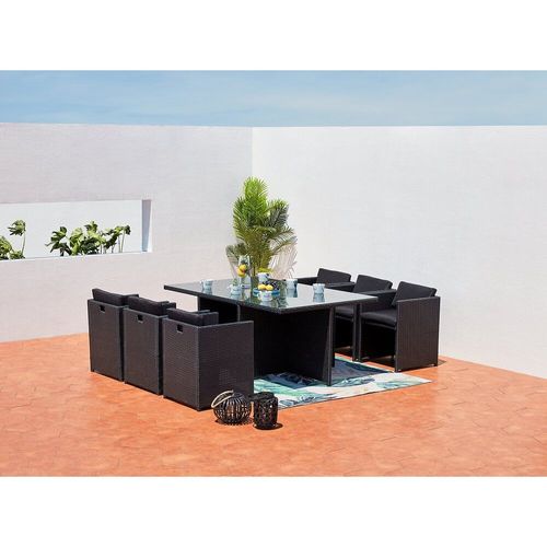 Miami 6 Noir/Noir : Salon Encastrable 6 Personnes En Résine Tressée Noire Poly Rotin