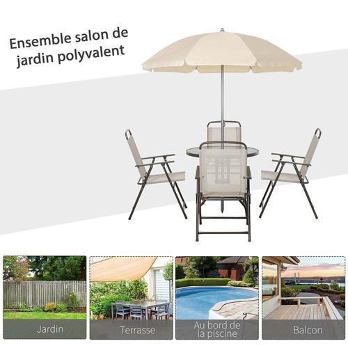 Ensemble Salon De Jardin 6 Pcs - Table Ronde + 4 Chaises Pliables + Parasol - Acier ?Poxy Caf? Textil?Ne Polyester Beige