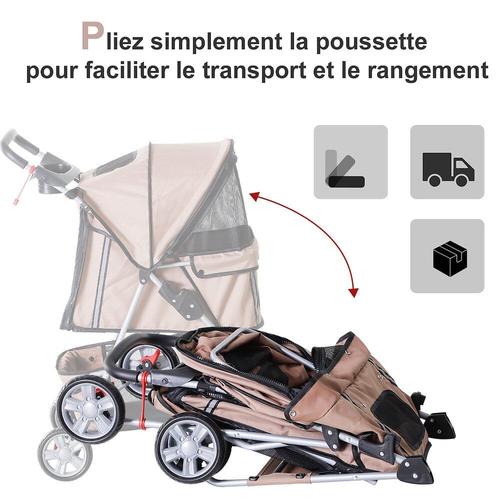 Poussette Buggy Pliable Pour Chiens Tissu 600d Oxford Imperméable 4 Roues Marron