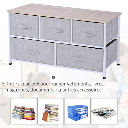 Commode Meuble De Rangement Dim. 100l X 30l X 54h Cm 5 Tiroirs Non-Tissés Gris Structure Métal Blanc Plat