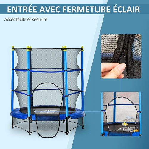 Trampoline Enfant Ø 1,40 × 1,60h M Filet De Sécurité Porte Zipée Couvre-Ressorts 6 Poteaux Rembourrés Inclus Bleu