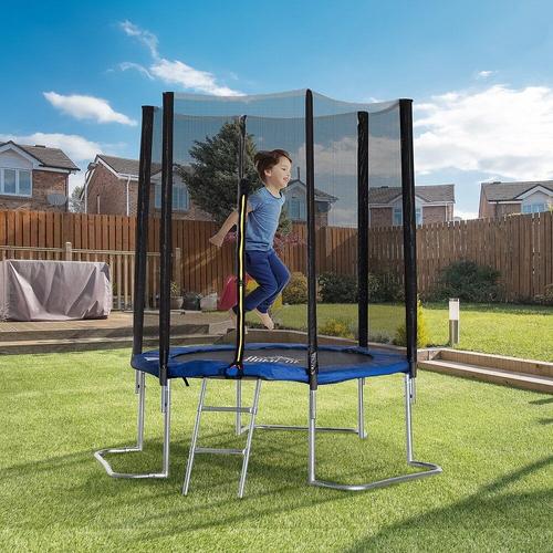 Trampoline Enfant Ø 2,23 × 2,3h M Filet De Sécurité Porte Zipée Échelle Couvre-Ressorts 6 Poteaux Rembourrés Bleu