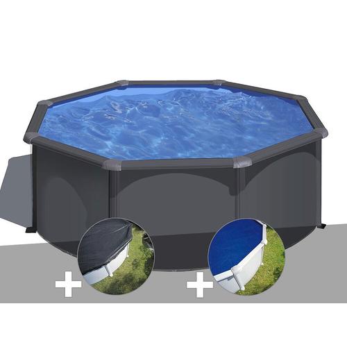 Kit piscine acier gris anthracite Gré Louko ronde 3,20 x 1,22 m + Bâche d'hivernage + Bâche à bulles
