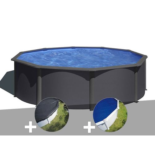 Kit piscine acier gris anthracite Gré Louko ronde 4,80 x 1,22 m + Bâche d'hivernage + Bâche à bulles