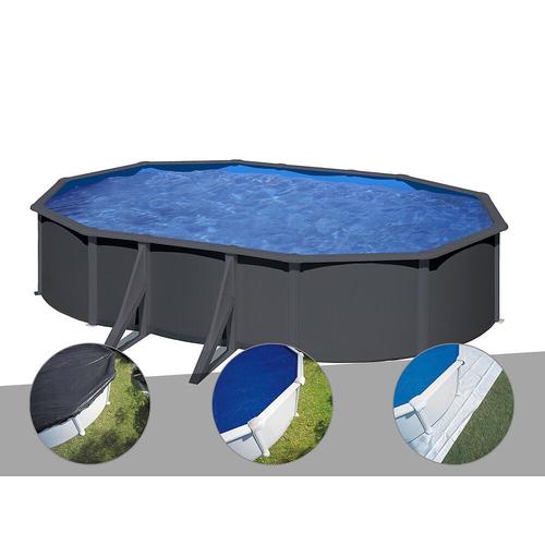Kit piscine acier gris anthracite Gré Louko ovale 6,34 x 3,99 x 1,22 m + Bâche d'hivernage + Bâche à bulles + Tapis de sol
