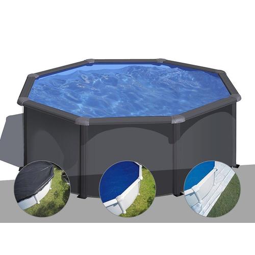 Kit piscine acier gris anthracite Gré Louko ronde 3,20 x 1,22 m + Bâche d'hivernage + Bâche à bulles + Tapis de sol