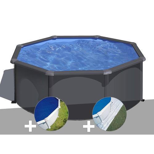 Kit piscine acier gris anthracite Gré Louko ronde 3,20 x 1,22 m + Bâche à bulles + Tapis de sol