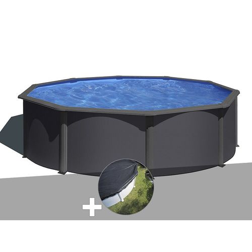 Kit piscine acier gris anthracite Gré Louko ronde 4,80 x 1,22 m + Bâche d'hivernage