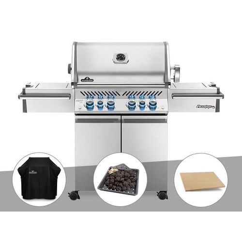 Barbecue à gaz Napoleon Prestige Pro 500 + Housse de protection + Plateau charbon + Pierre à pizza large rectangle