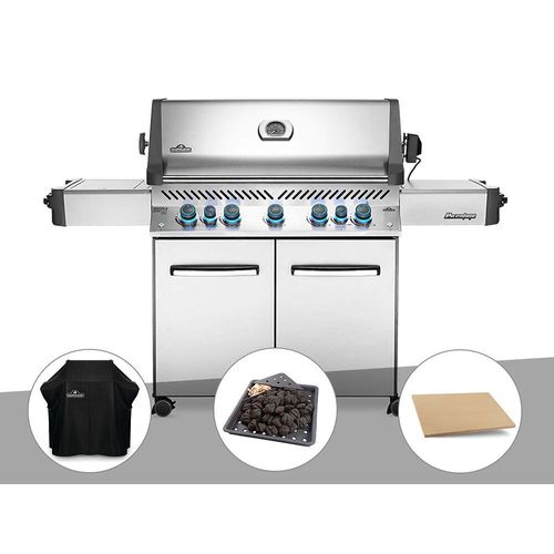 Barbecue à gaz Napoleon Prestige 665 inox + Housse de protection + Plateau charbon + Pierre à pizza large rectangle