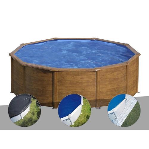 Kit piscine acier aspect bois Gré Pacific ronde 4,80 x 1,22 m + Bâche d'hivernage + Bâche à bulles + Tapis de sol