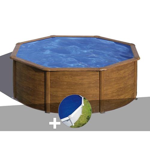 Kit piscine acier aspect bois Gré Pacific ronde 3,70 x 1,22 m + Bâche à bulles