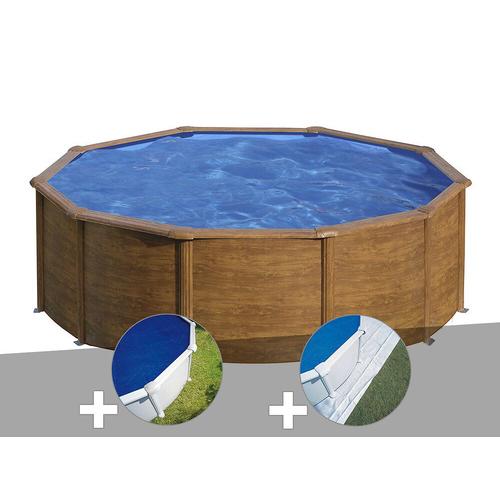 Kit piscine acier aspect bois Gré Pacific ronde 4,80 x 1,22 m + Bâche à bulles + Tapis de sol