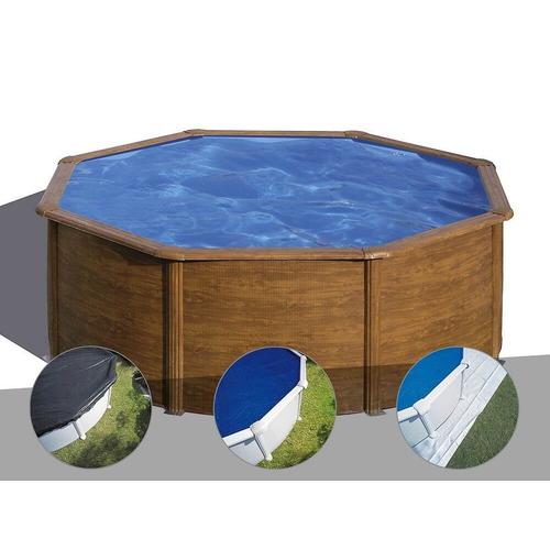 Kit piscine acier aspect bois Gré Pacific ronde 3,70 x 1,22 m + Bâche d'hivernage + Bâche à bulles + Tapis de sol