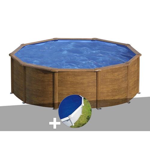Kit piscine acier aspect bois Gré Pacific ronde 4,80 x 1,22 m + Bâche à bulles