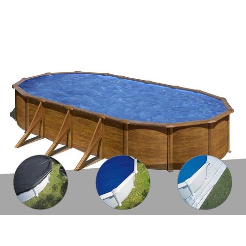 Kit piscine acier aspect bois Gré Pacific ovale 7,44 x 3,99 x 1,22 m + Bâche d'hivernage + Bâche à bulles + Tapis de sol