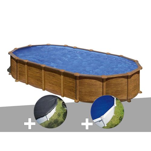 Kit piscine acier aspect bois Gré Amazonia ovale 7,44 x 3,99 x 1,32 m + Bâche d'hivernage + Bâche à bulles