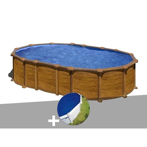 Kit piscine acier aspect bois Gré Amazonia ovale 6,34 x 3,99 x 1,32 m + Bâche à bulles