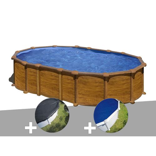 Kit piscine acier aspect bois Gré Amazonia ovale 6,34 x 3,99 x 1,32 m + Bâche d'hivernage + Bâche à bulles