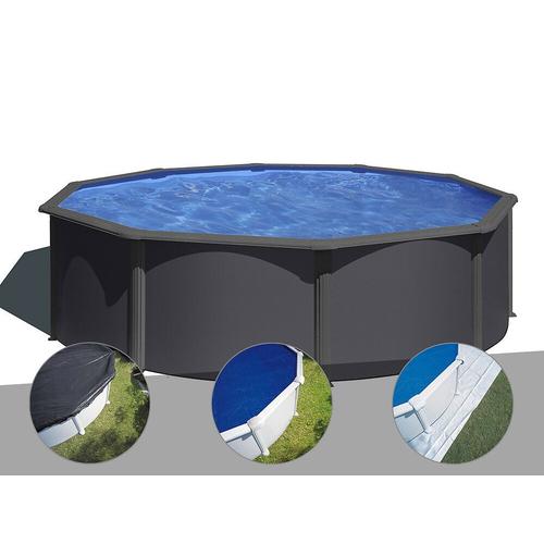Kit piscine acier gris anthracite Gré Louko ronde 3,70 x 1,22 m + Bâche d'hivernage + Bâche à bulles + Tapis de sol