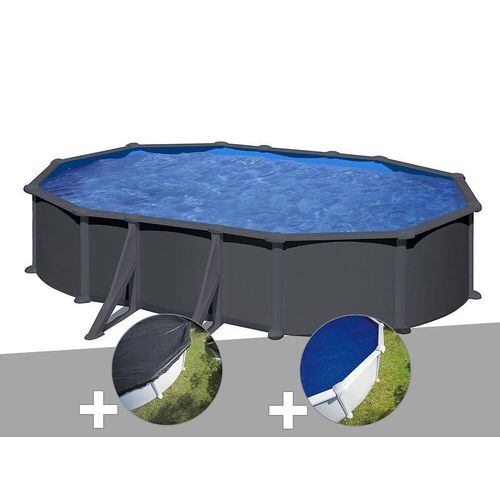 Kit piscine acier gris anthracite Gré Juni ovale 6,34 x 3,99 x 1,32 m + Bâche d'hivernage + Bâche à bulles