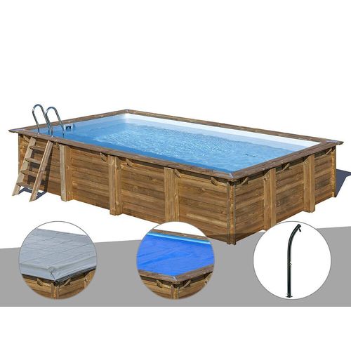 Kit piscine bois Gré Evora 6,20 x 4,20 x 1,33 m + Bâche hiver + Bâche à bulles + Douche