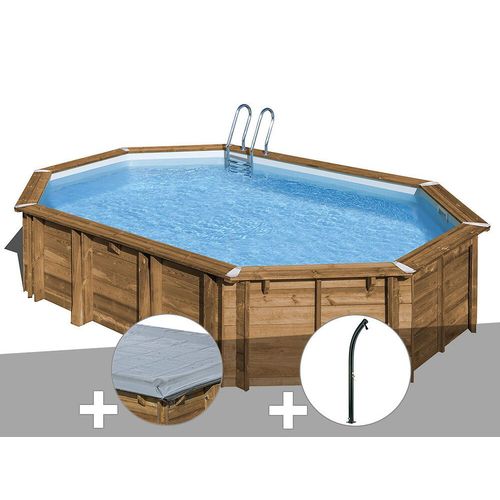 Kit piscine bois Gré Avocado 6,56 x 4,56 x 1,27 m + Bâche hiver + Douche