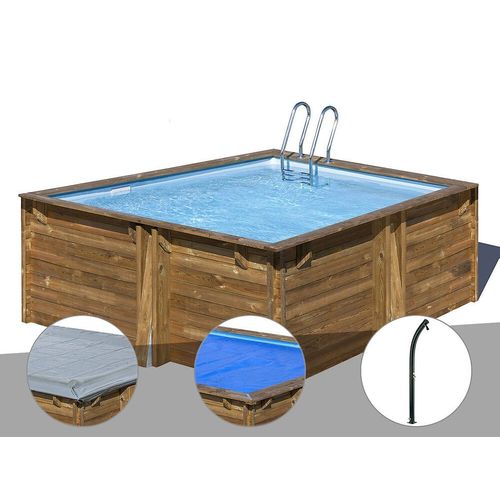 Kit piscine bois Gré Carra 3,05 x 3,05 x 1,19 m + Bâche hiver + Bâche à bulles + Douche