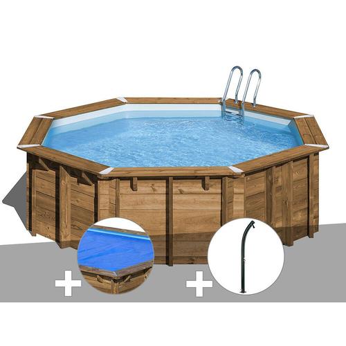 Kit piscine bois Gré Ananas Ø 4,28 x 1,17 m + Bâche à bulles + Douche