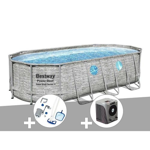 Kit piscine tubulaire ovale Bestway Power Steel SwimVista avec hublots 5,49 x 2,74 x 1,22 m + Kit d'entretien Deluxe + Pompe ? chaleur