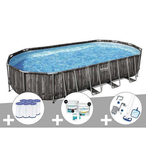 Kit piscine tubulaire ovale Bestway Power Steel décor bois 7,32 x 3,66 x 1,22 m + 6 cartouches de filtration + Kit de traitement au chlore + Kit d'entretien Deluxe