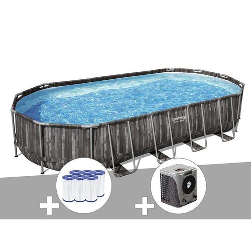 Kit piscine tubulaire ovale Bestway Power Steel décor bois 7,32 x 3,66 x 1,22 m + 6 cartouches de filtration + Pompe à chaleur