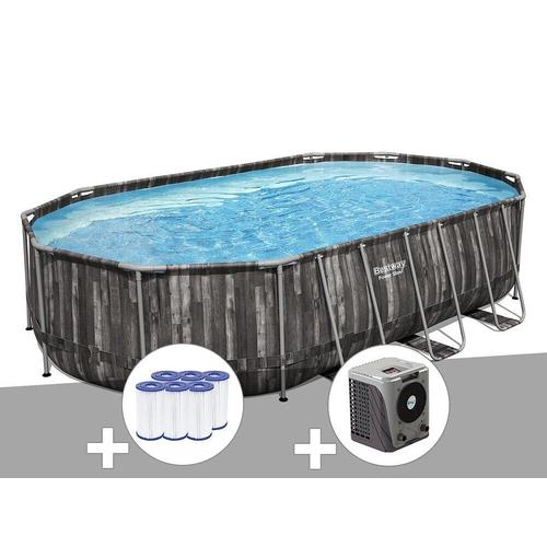 Kit piscine tubulaire ovale Bestway Power Steel décor bois 6,10 x 3,66 x 1,22 m + 6 cartouches de filtration + Pompe à chaleur