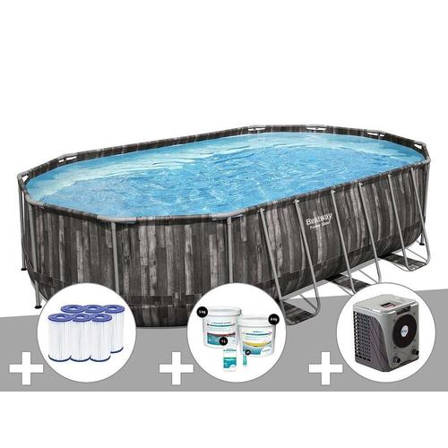 Kit piscine tubulaire ovale Bestway Power Steel décor bois 6,10 x 3,66 x 1,22 m + 6 cartouches de filtration + Kit de traitement au chlore + Pompe à chaleur
