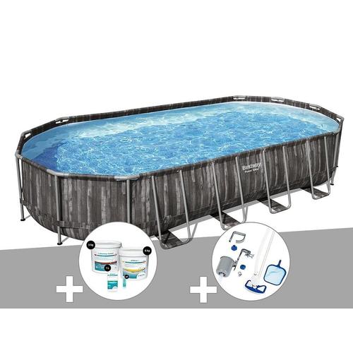 Kit piscine tubulaire ovale Bestway Power Steel décor bois 7,32 x 3,66 x 1,22 m + Kit de traitement au chlore + Kit d'entretien Deluxe