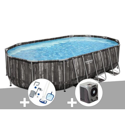 Kit piscine tubulaire ovale Bestway Power Steel décor bois 6,10 x 3,66 x 1,22 m + Kit d'entretien Deluxe + Pompe à chaleur